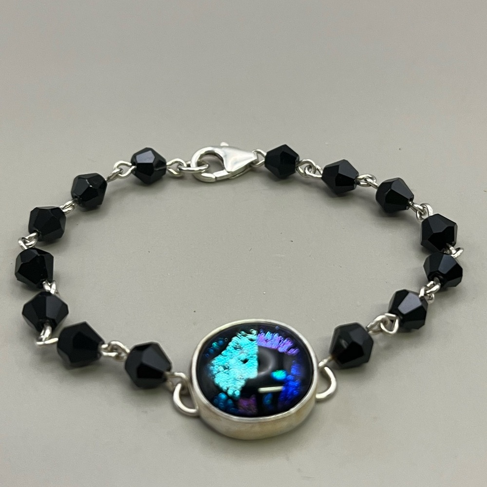 Black and Sterling Silver Beaded Bracelet with Fused Glass Center as an Accent